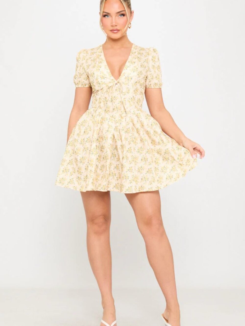 Yellow Floral Print Pleated Milkmaid Mini Dress